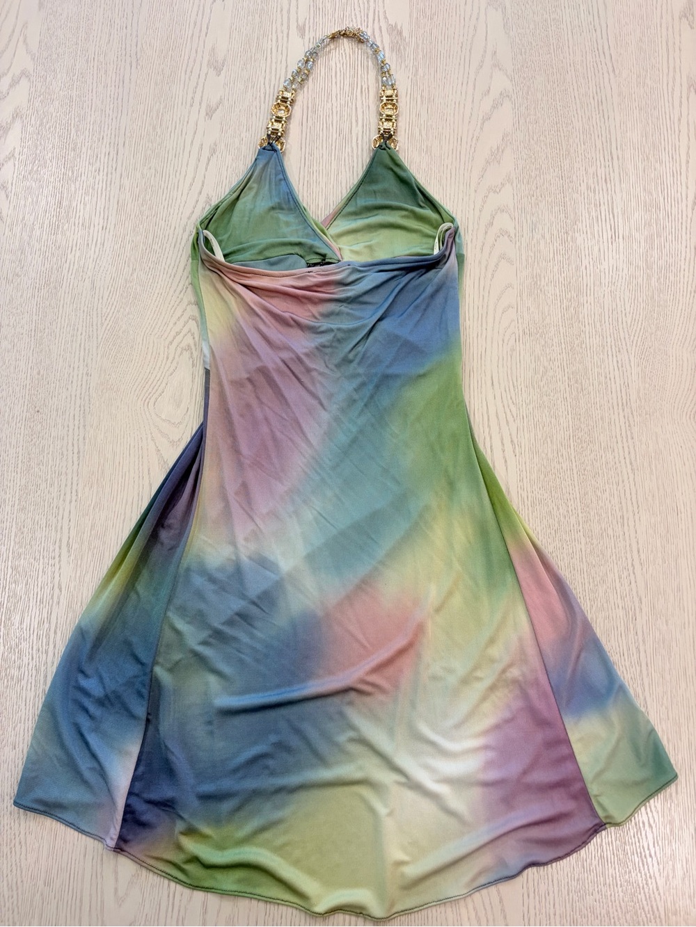 SKY Jeweled Halter Mini Dress Pastel Watercolor Twist Front Size Small - Picture 2 of 6